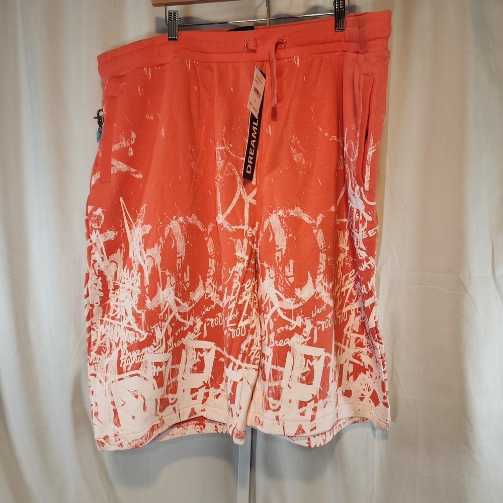 Dreamland Fleece Shorts Salmon with White Graffiti Print and Pockets-Men's 5XL